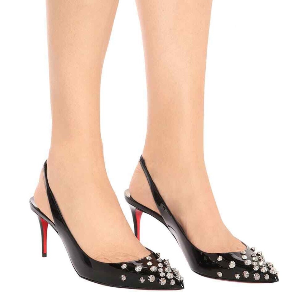 LOUBOUTIN DRAMA SLING 70 BLACK PATENT LEATHER SILVER STUDS SANDALS PUMPS 37